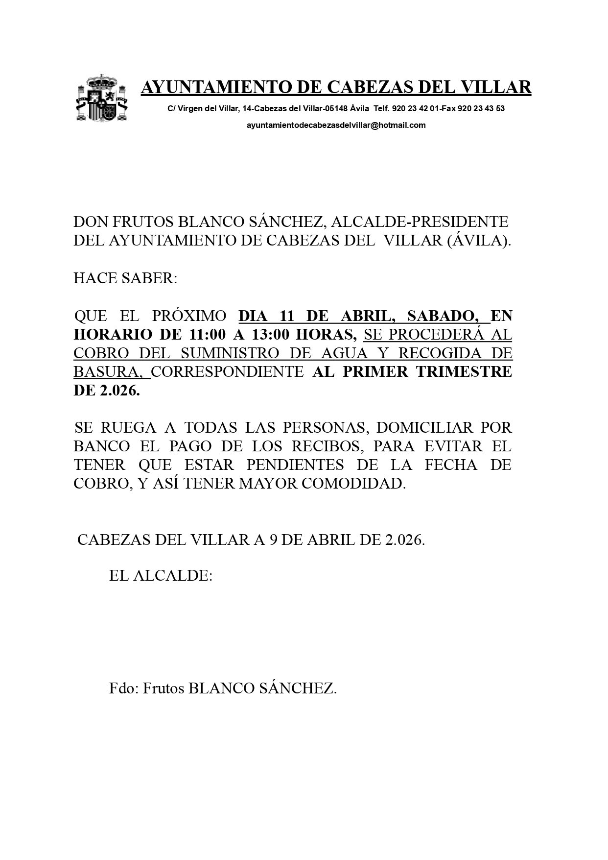 Cobro Agua y Basura 1º Trimestre 2026