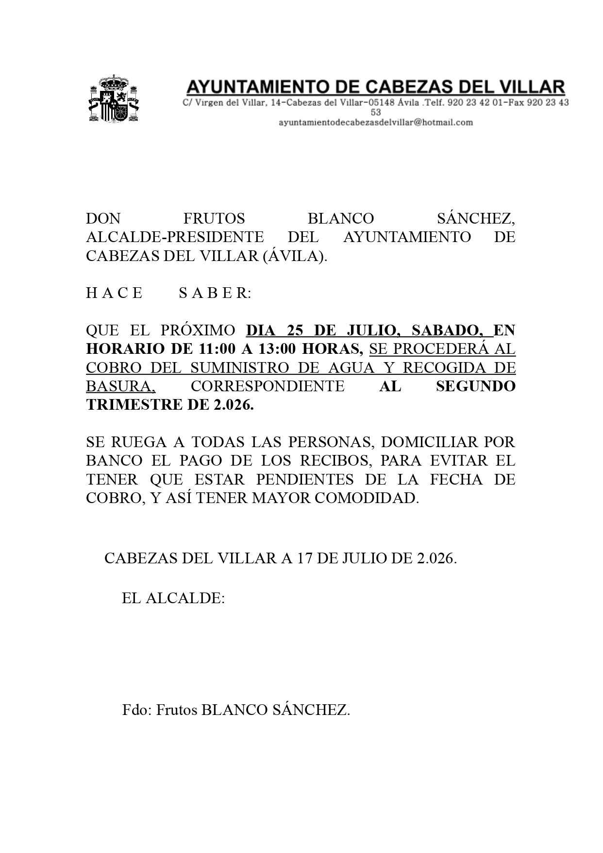 Cobro Agua y Basura 2º Trimestre 2026