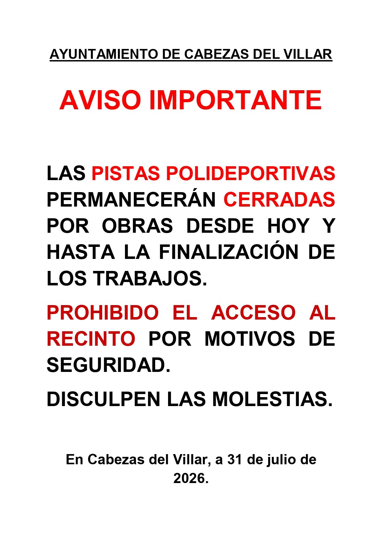 Aviso Obras Polideportivo